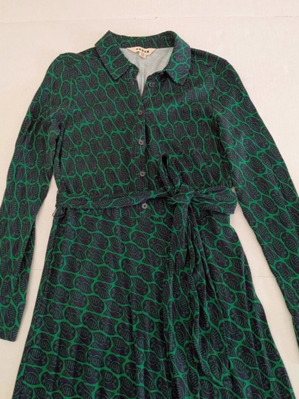 BODEN Laura Jersey Midi Shirt Dress Green Navy Owl Pattern Long Sleeve 8R NWOT - Picture 4 of 12